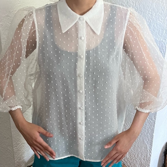 ZARA Mesh Polkadot Puff Sleeve White Collard Shirt, size Large - Picture 3 of 5